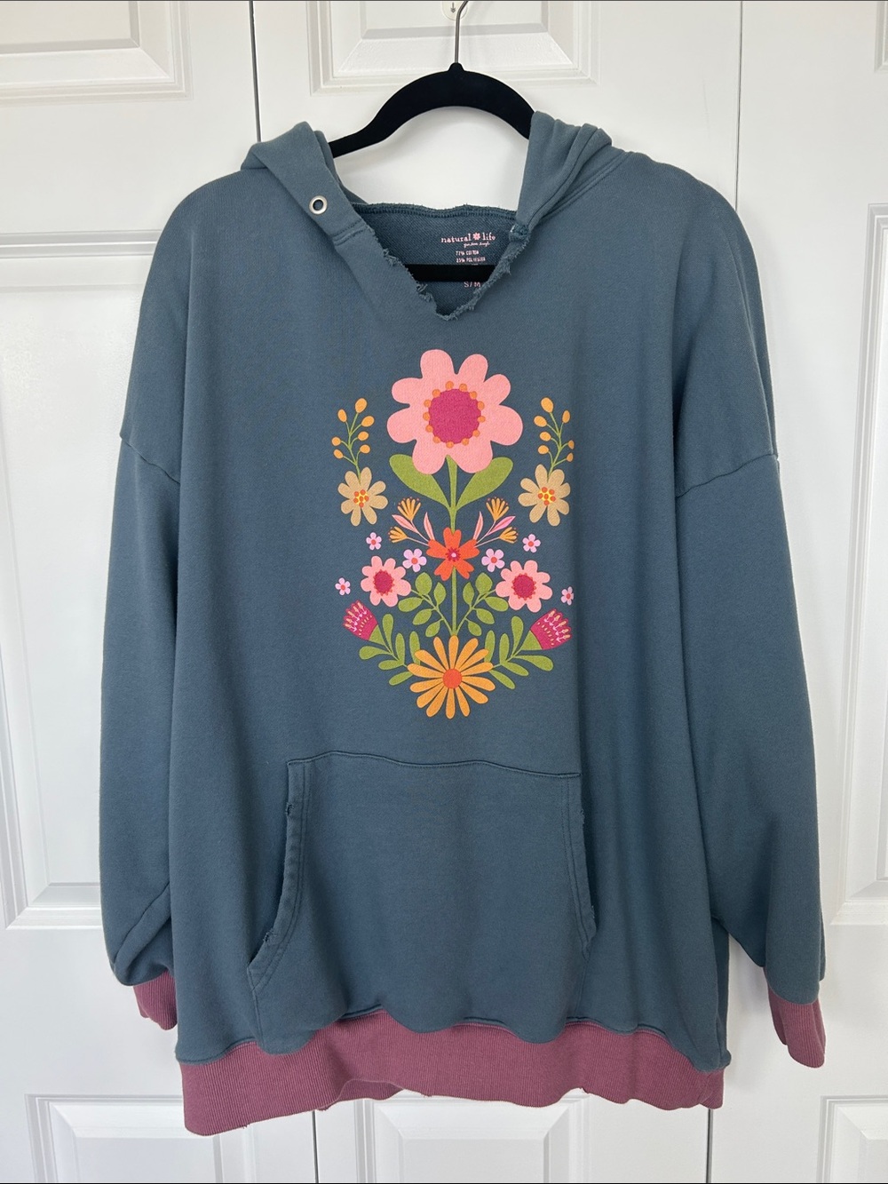 NATURAL LIFE Slate Blue Hoodie with Pink & Yellow Floral Graphic Size S/M